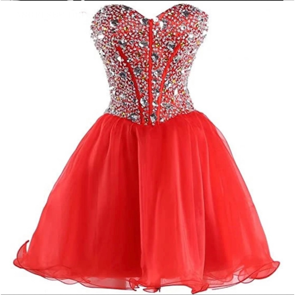 Red tube diamond top beaded haltered dress size 12. Zip and lace up back